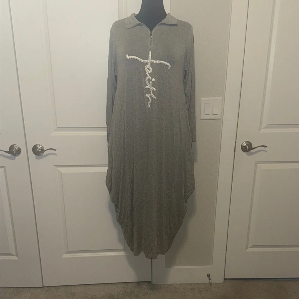 Gray Long Sleeve Faith Athleisure Dress with Beaded Accents - Picture 2 of 4
